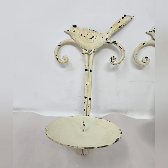 Bird Pillars Candle Holders Off White Patina Shabby Chic Rustic Farm House Metal - Picture 2 of 8